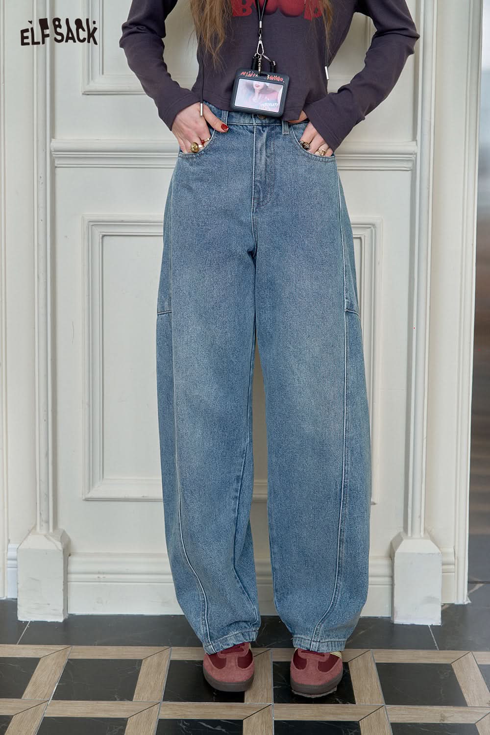 ELFSACK Denim blue loose lazy style Korean banana pants wide leg jeans