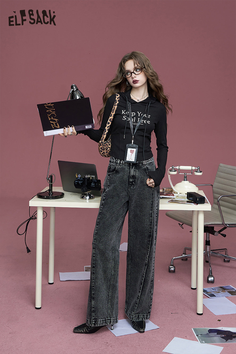 ELFSACK Retro washed mysterious black retro straight deconstructed loose design wide-leg jeans