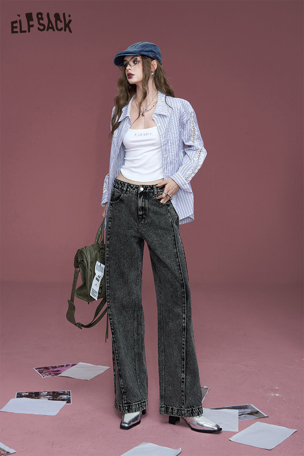 ELFSACK Retro washed mysterious black retro straight deconstructed loose design wide-leg jeans