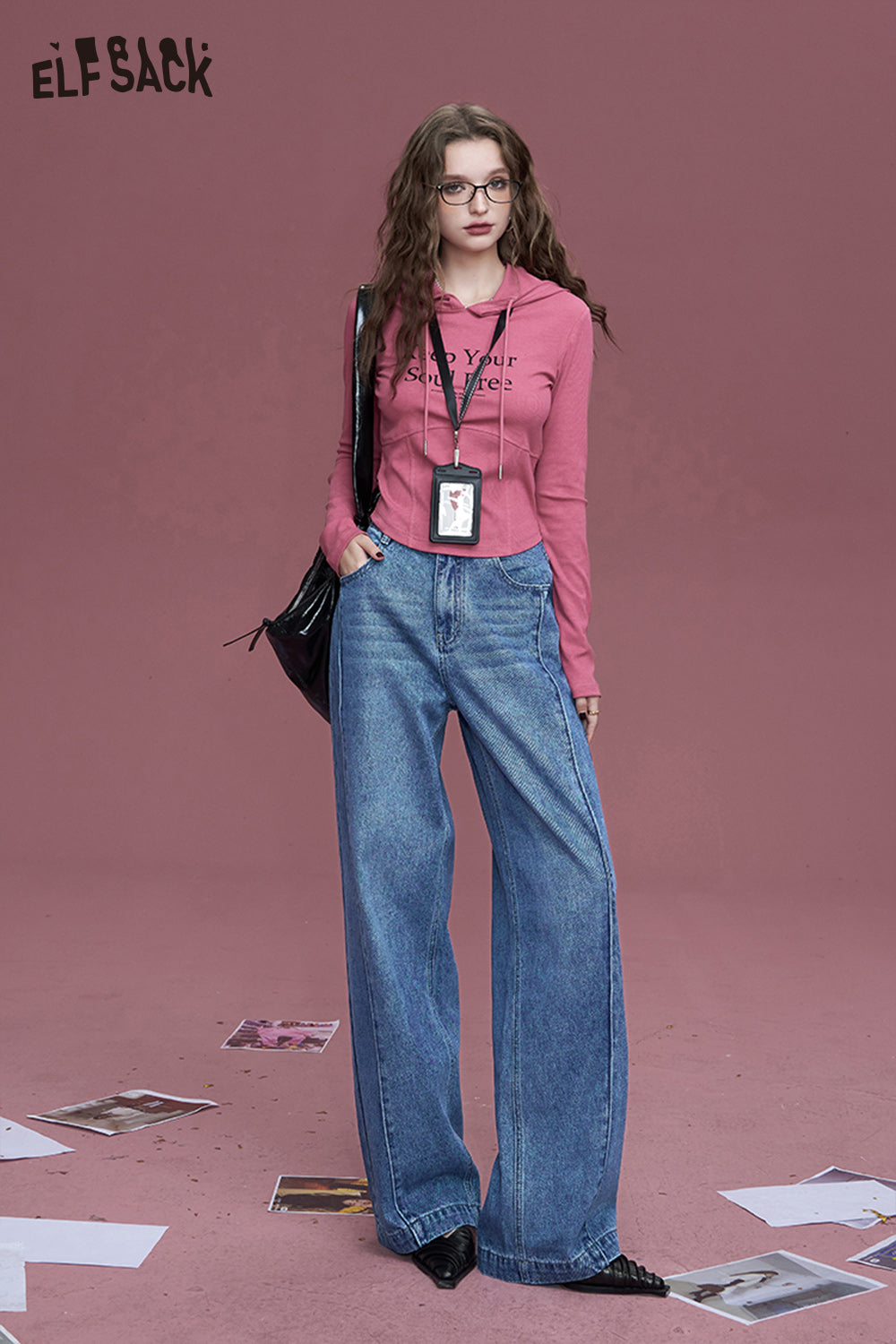 ELFSACK Retro washed mysterious black retro straight deconstructed loose design wide-leg jeans