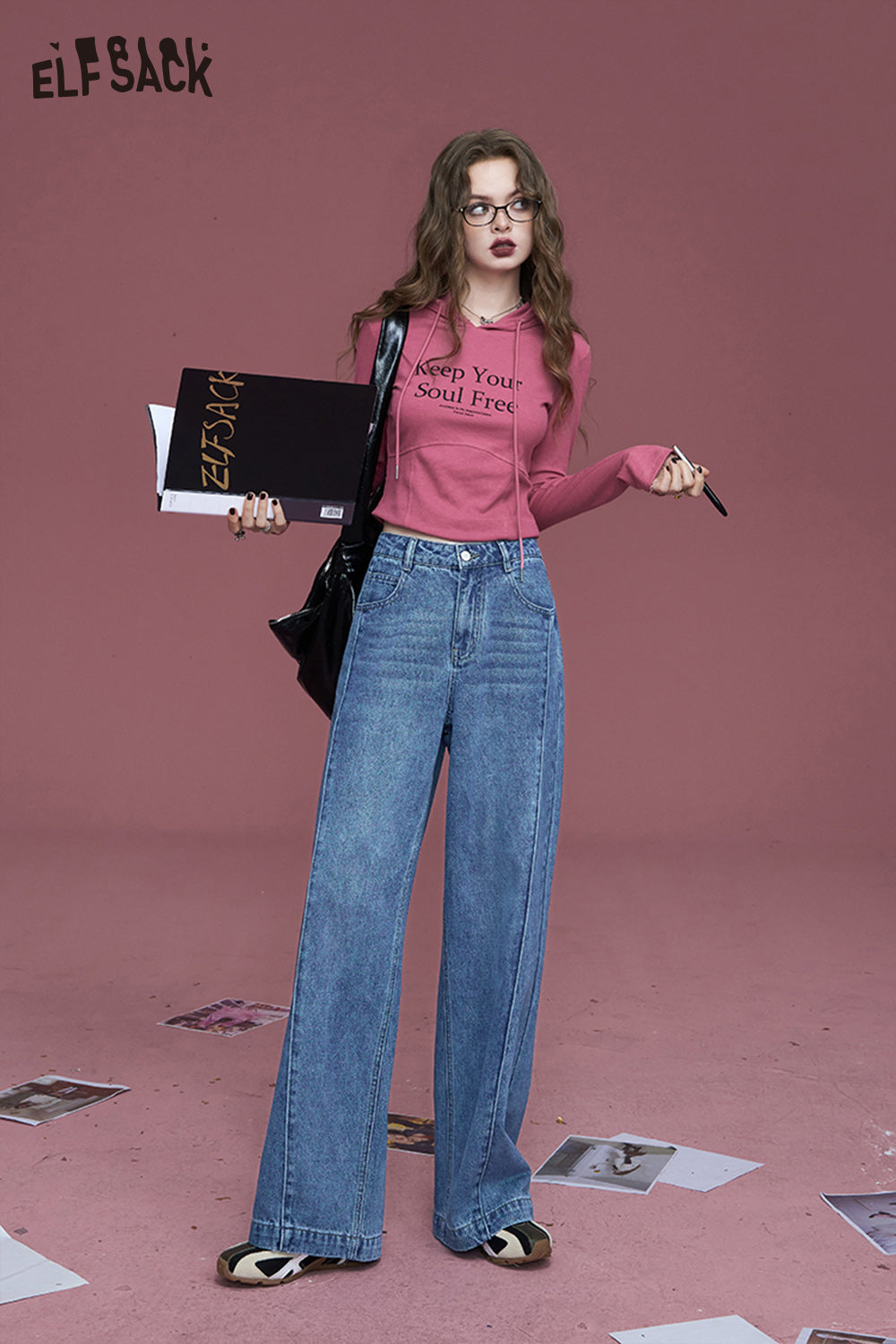 ELFSACK Retro washed mysterious black retro straight deconstructed loose design wide-leg jeans