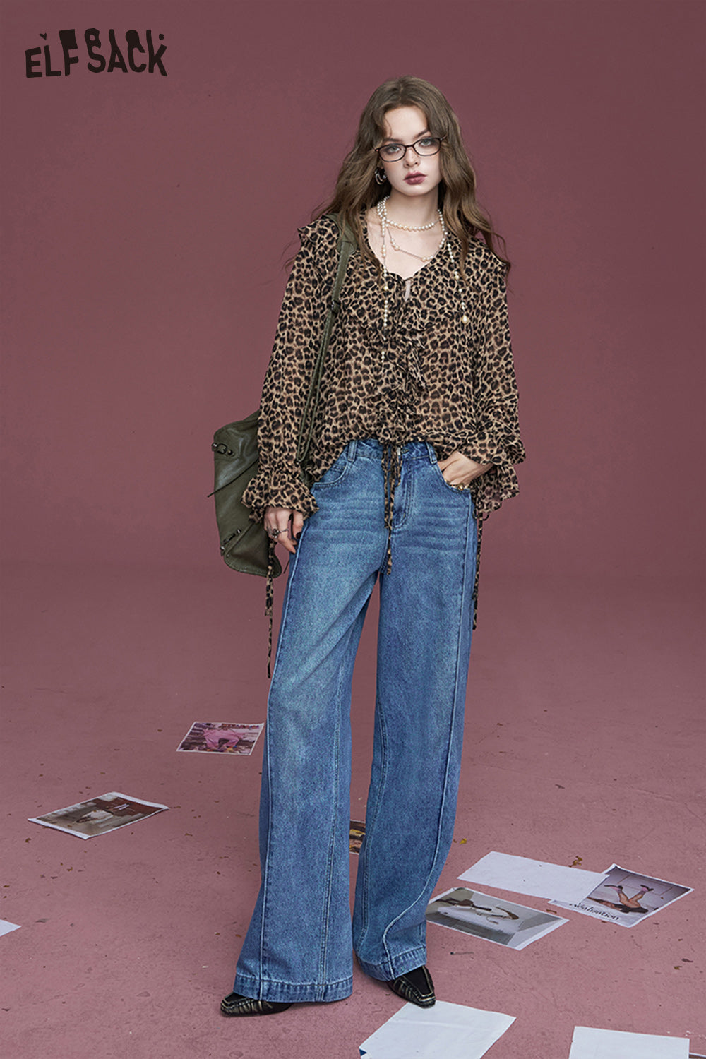 ELFSACK Retro washed mysterious black retro straight deconstructed loose design wide-leg jeans