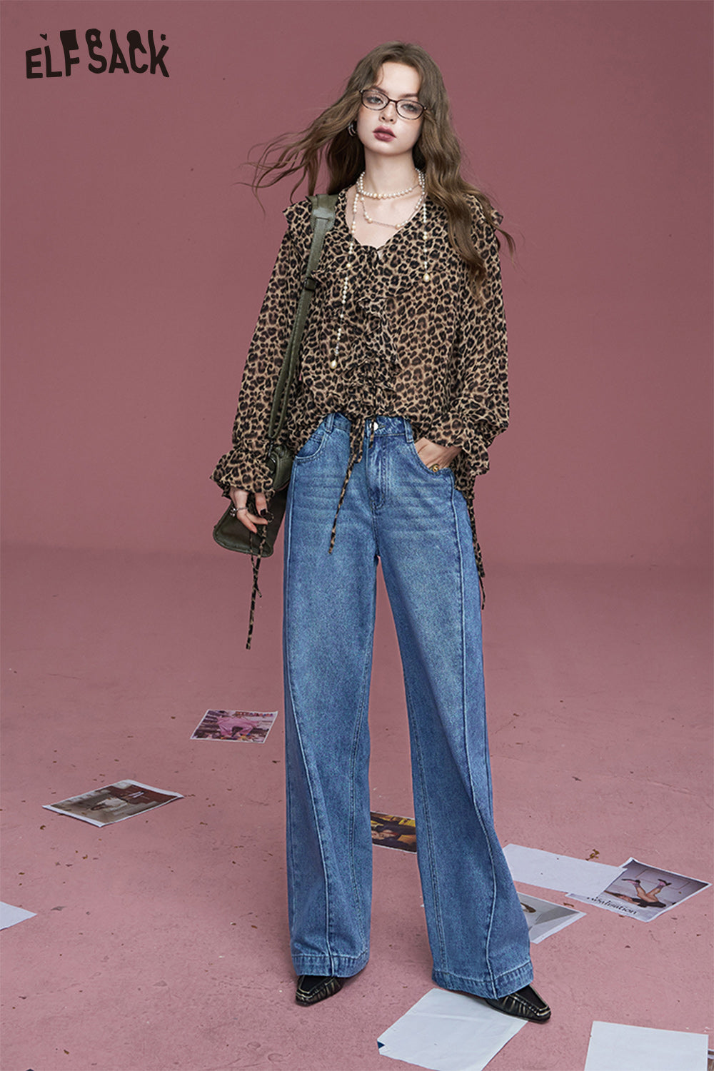 ELFSACK Retro washed mysterious black retro straight deconstructed loose design wide-leg jeans