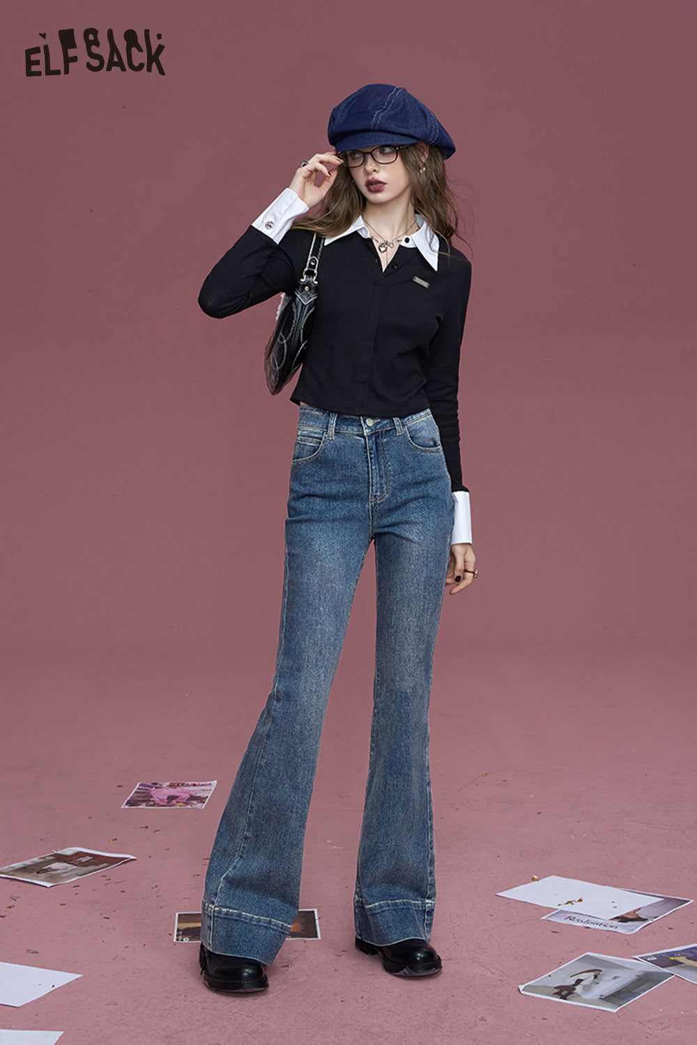 
                  
                    ELFSACK 2024 Autumn New Arrivals Denim blue patchwork design all-match natural waist flared high waist jeans for women
                  
                