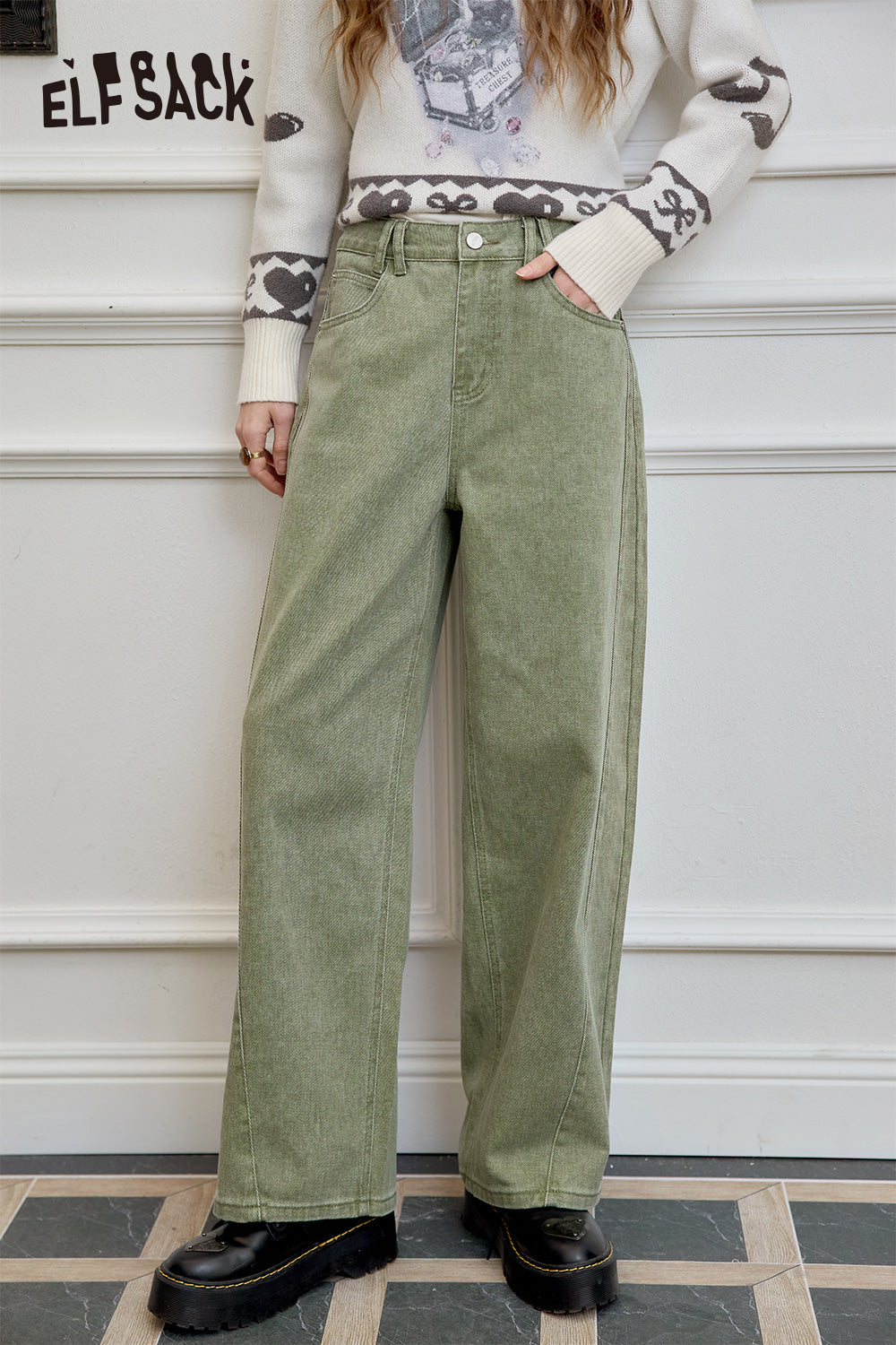 ELFSACK Loose straight jeans, casual and versatile wide-leg pants