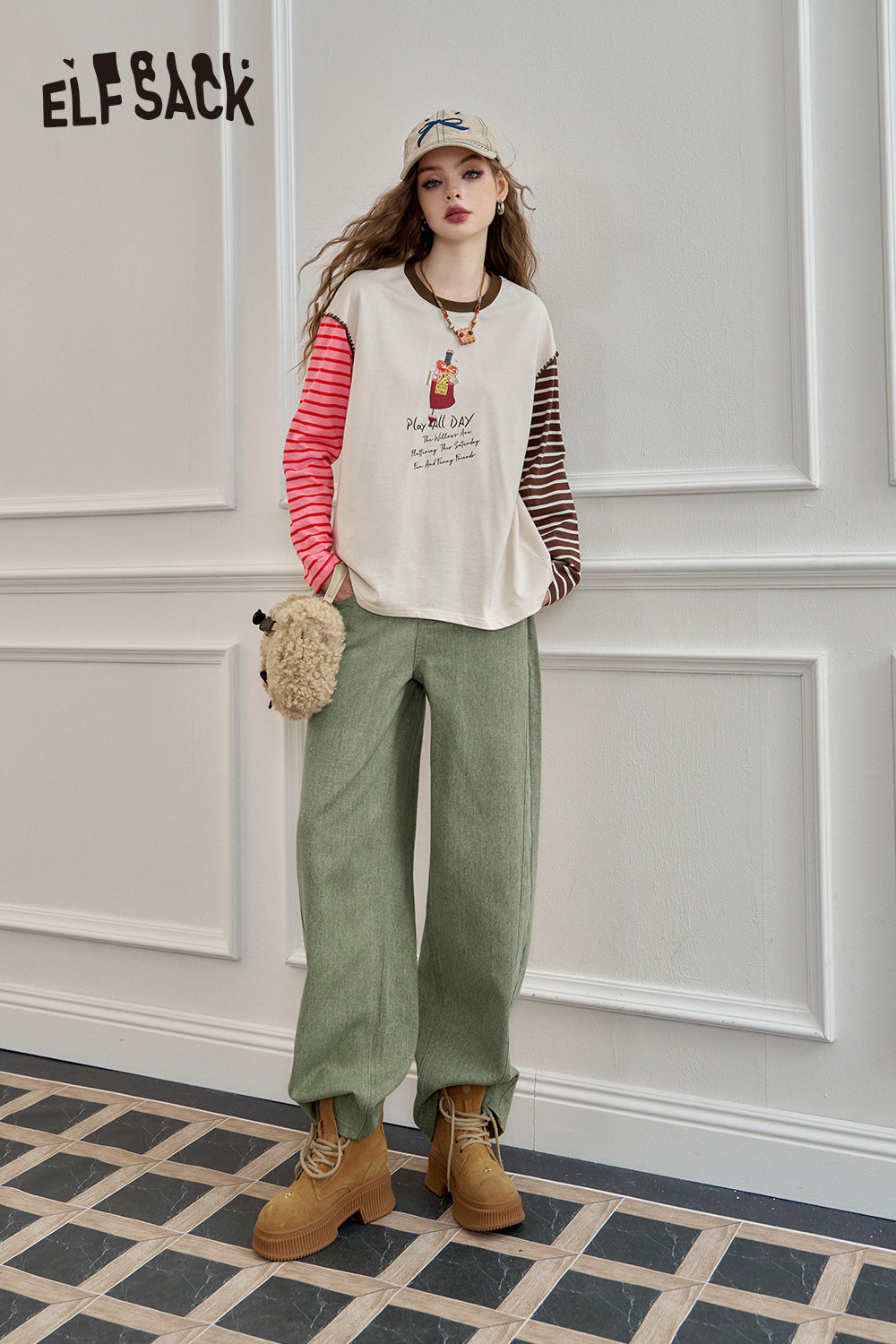 ELFSACK Loose straight jeans, casual and versatile wide-leg pants