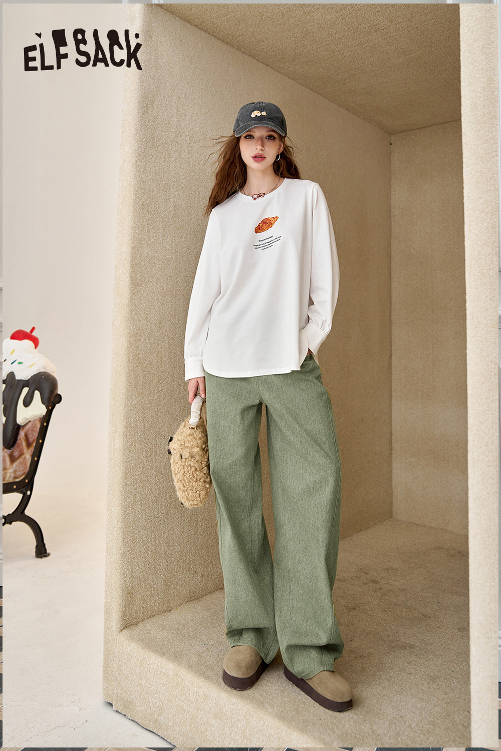 ELFSACK Loose straight jeans, casual and versatile wide-leg pants