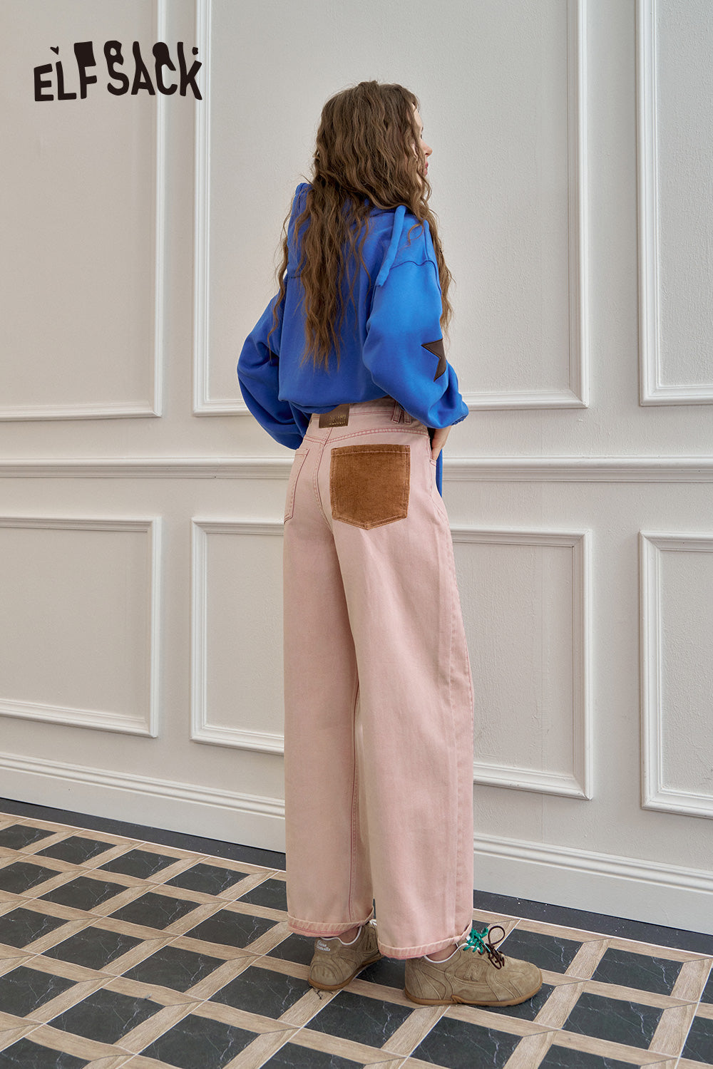 ELFSACK Loose straight jeans, casual and versatile wide-leg pants