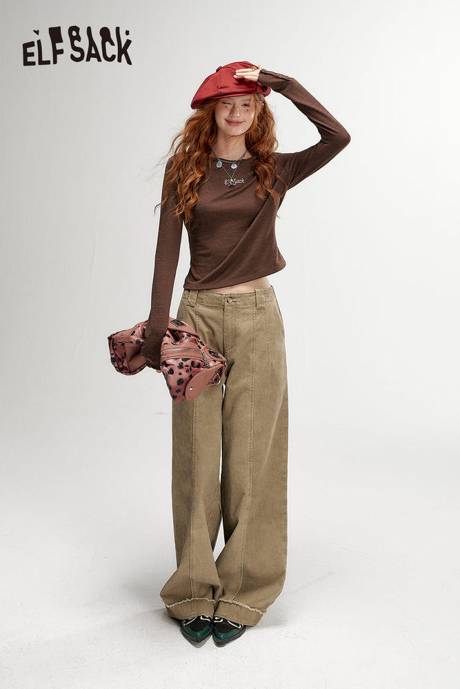 
                  
                    ELFSACK 2024 Autumn New Arrivals Wasteland Style Khaki Wide Leg Casual Pants for Women Loose Slim Fit
                  
                