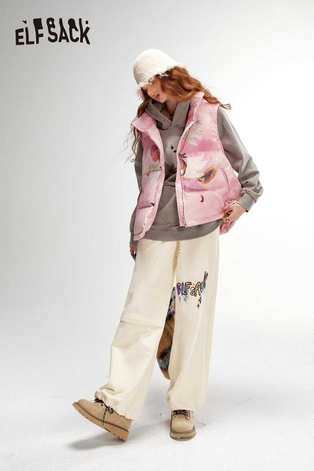 ELFSACK Printed Casual Sports Sweatpants Loose Wide Leg Relaxed Fit