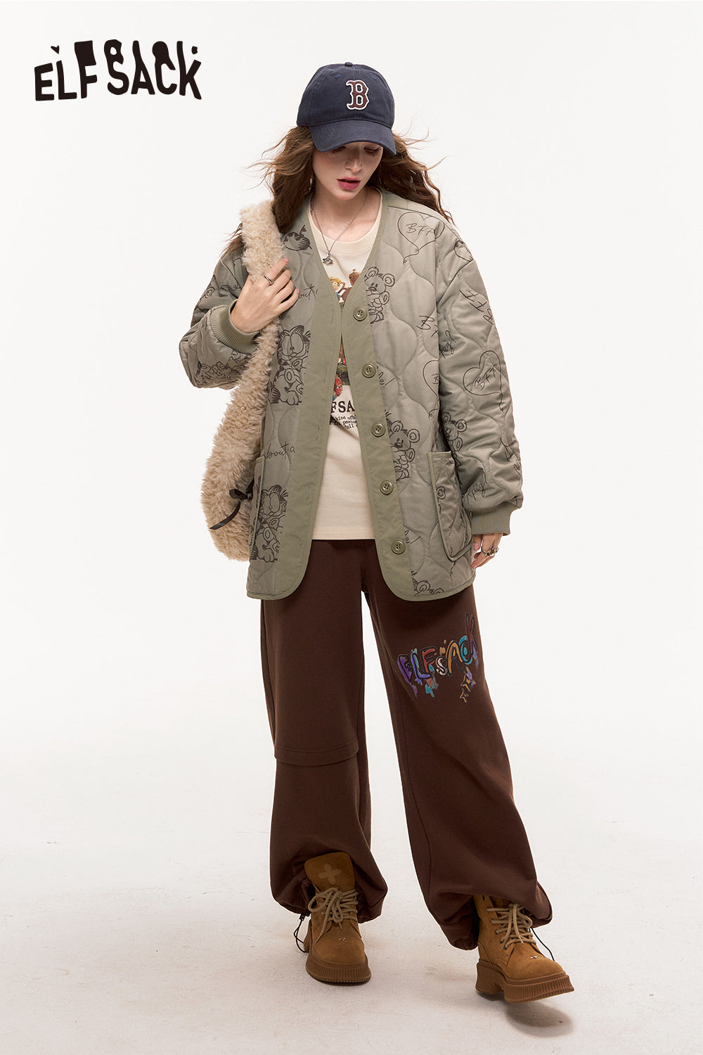 ELFSACK Printed Casual Sports Sweatpants Loose Wide Leg Relaxed Fit