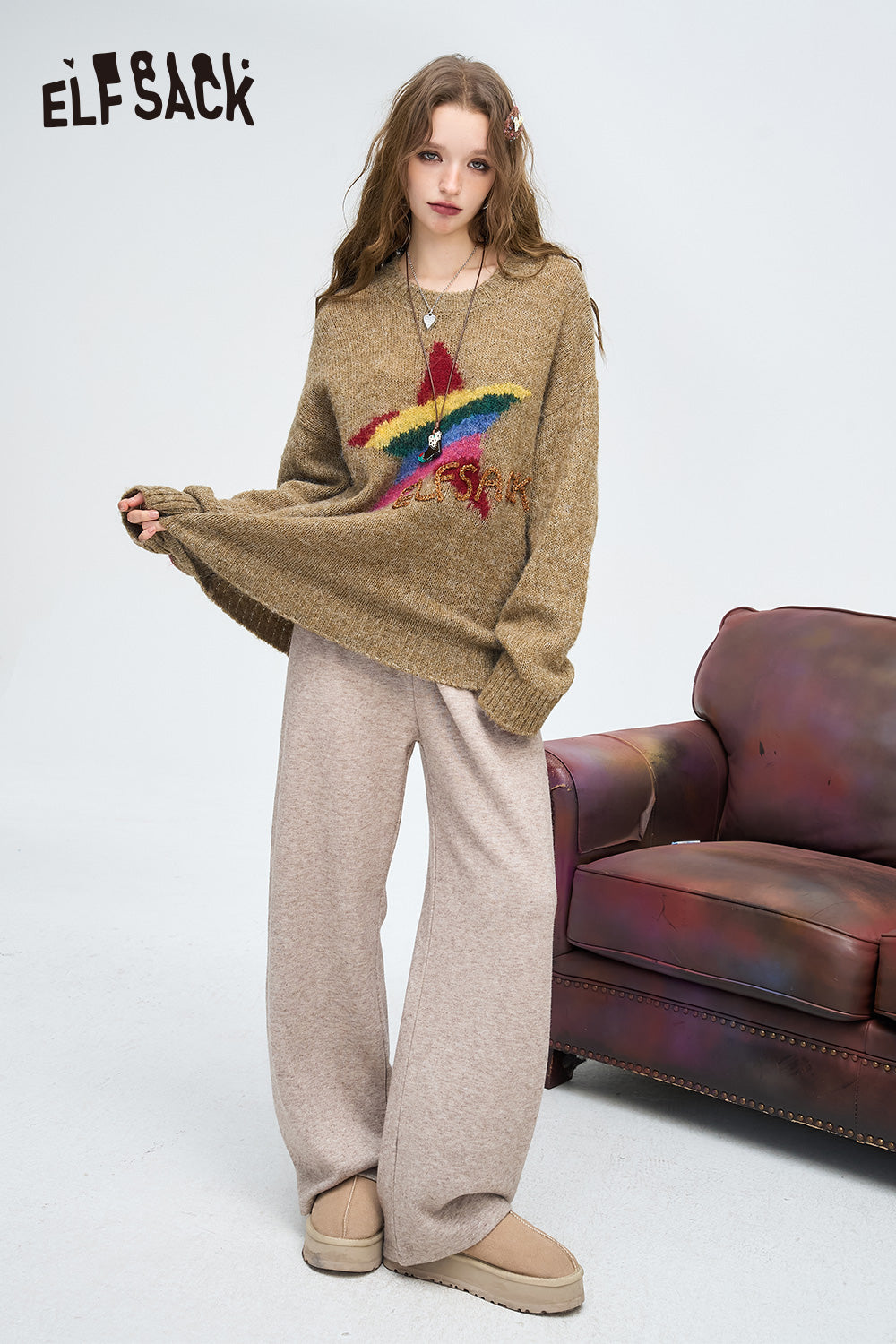 ELFSACK Relaxed straight casual sweatpants, drapey wide-leg loose long pants
