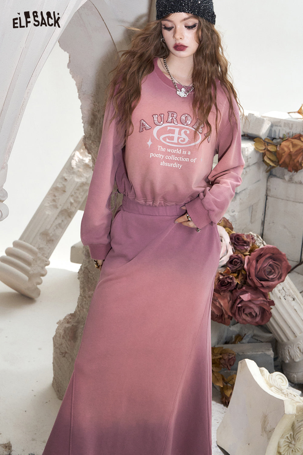 ELFSACK Gray pink wasteland style retro casual sports sweater skirt two-piece suit