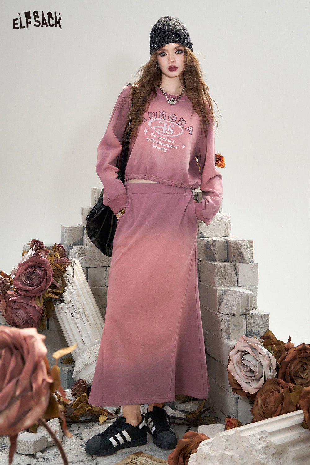 ELFSACK Gray pink wasteland style retro casual sports sweater skirt two-piece suit