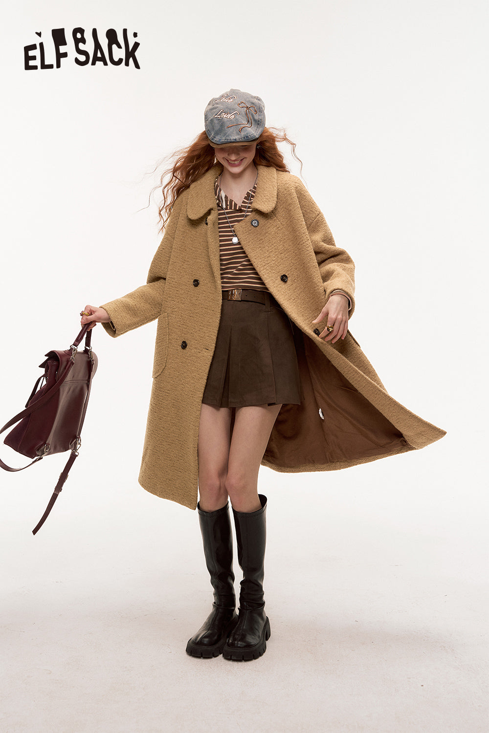 ELFSACK Winter Lurex Retro Woolen Coat Sweet Mid-Length Pink Overcoat