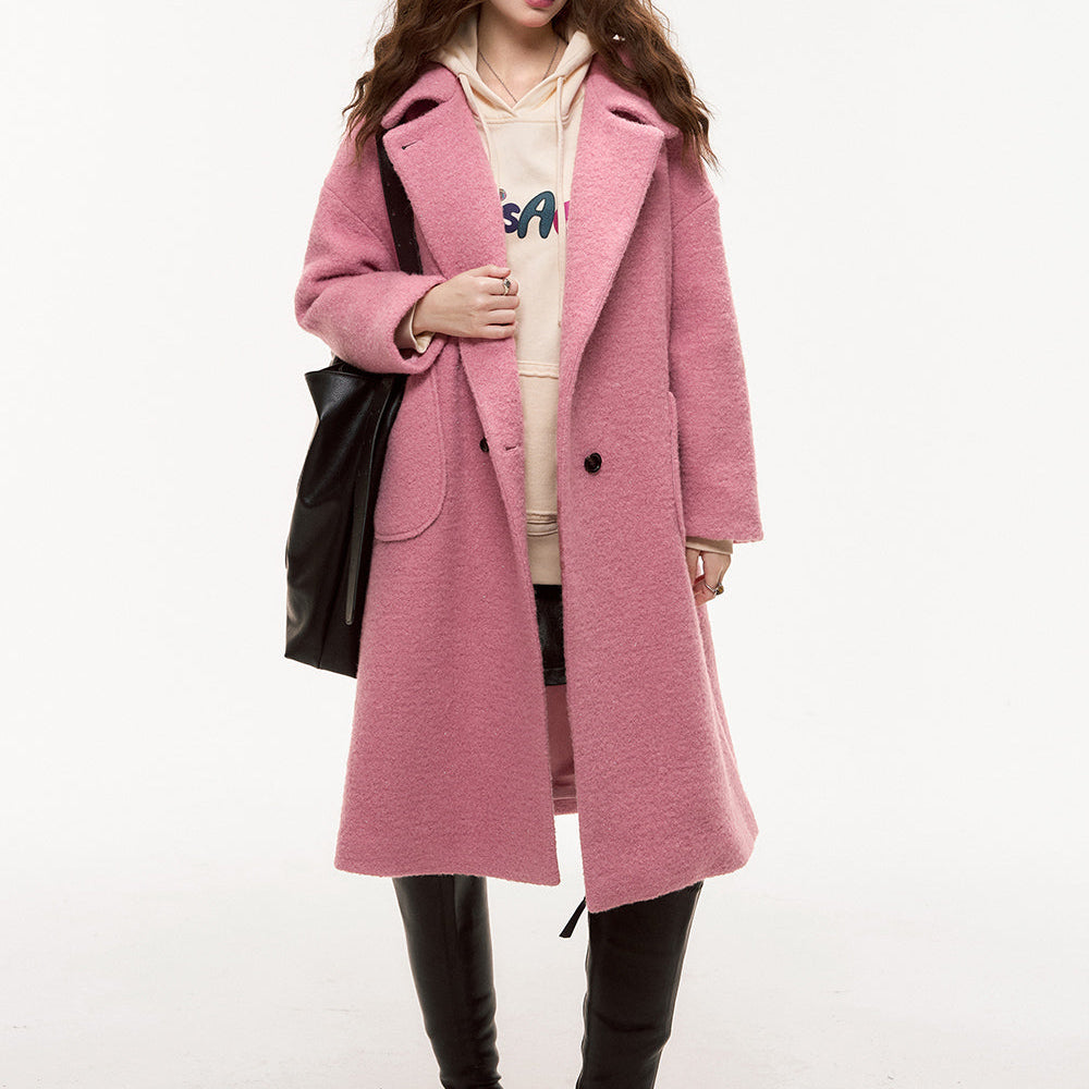 
                  
                    ELFSACK 2024 Autumn New Arrivals Winter New Lurex Retro Woolen Coat for Women Sweet Mid-Length Pink Overcoat
                  
                