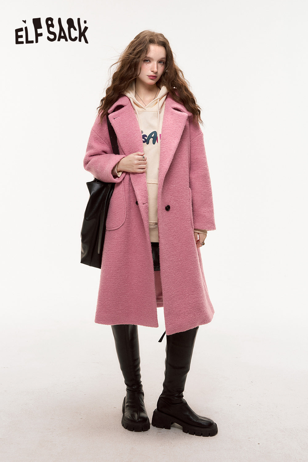 ELFSACK Winter Lurex Retro Woolen Coat Sweet Mid-Length Pink Overcoat