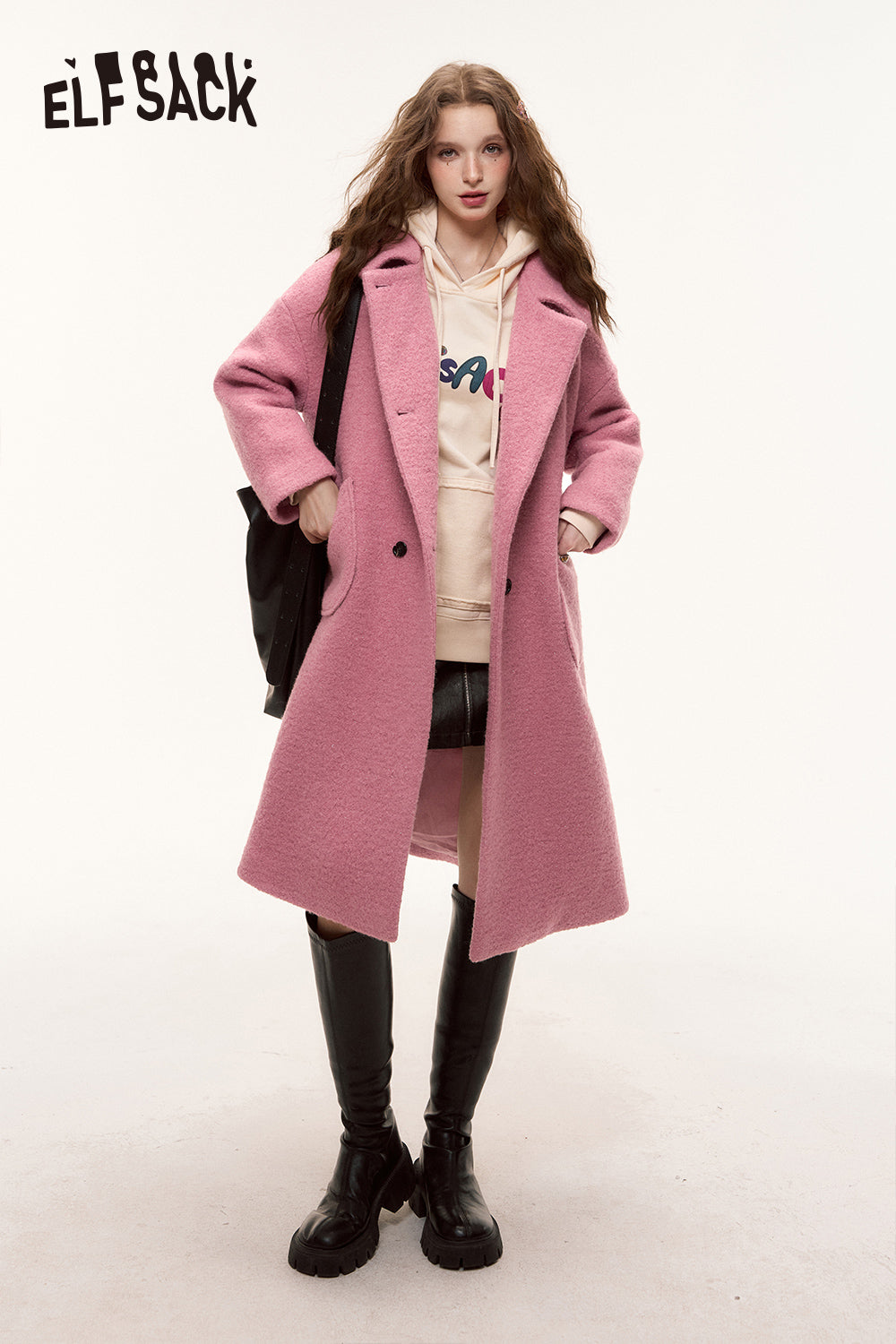 ELFSACK Winter Lurex Retro Woolen Coat Sweet Mid-Length Pink Overcoat