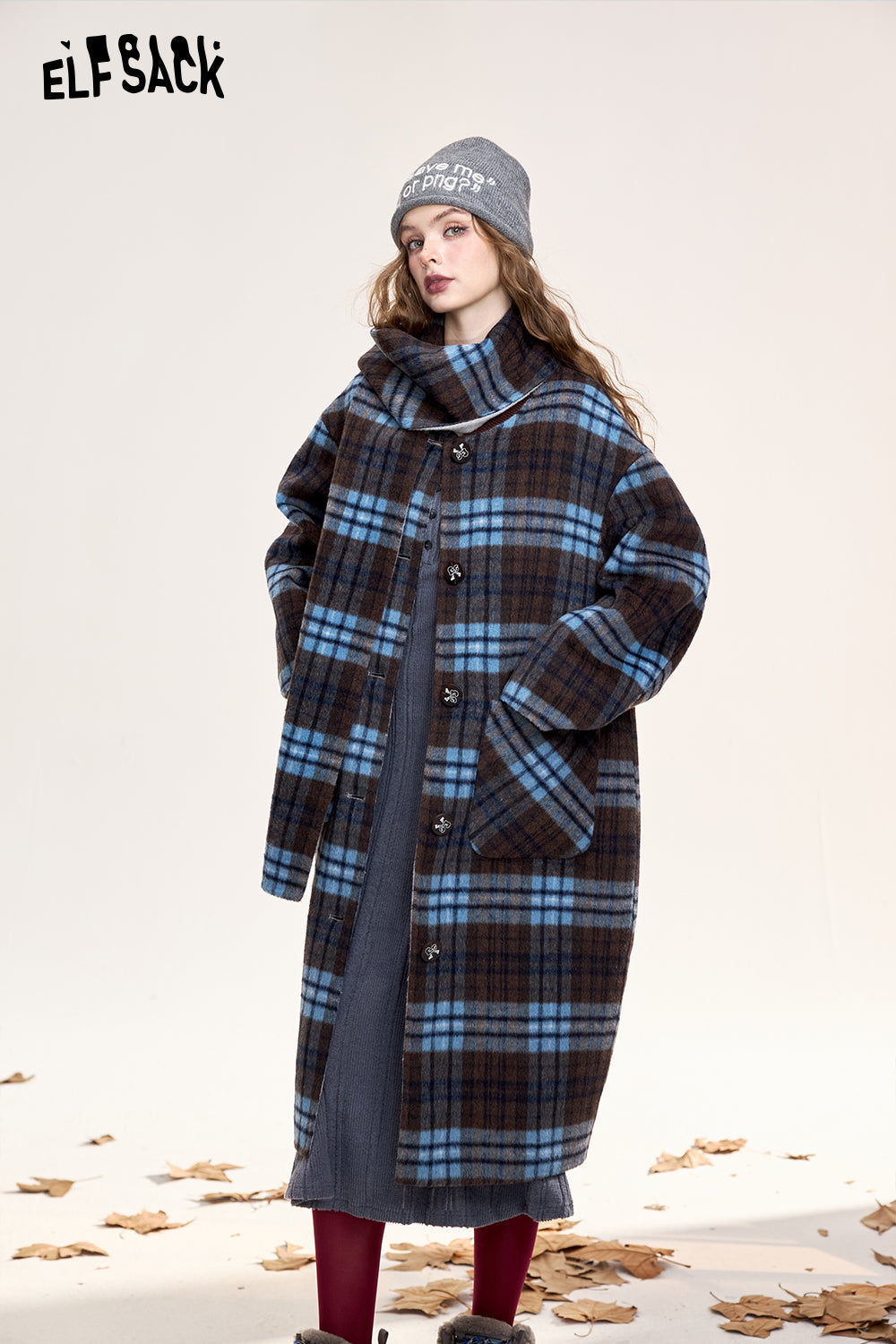 [Free scarf]ELFSACK 2024 Winter New Arrivals Retro plaid long woolen coat for women, double-faced woolen fabric