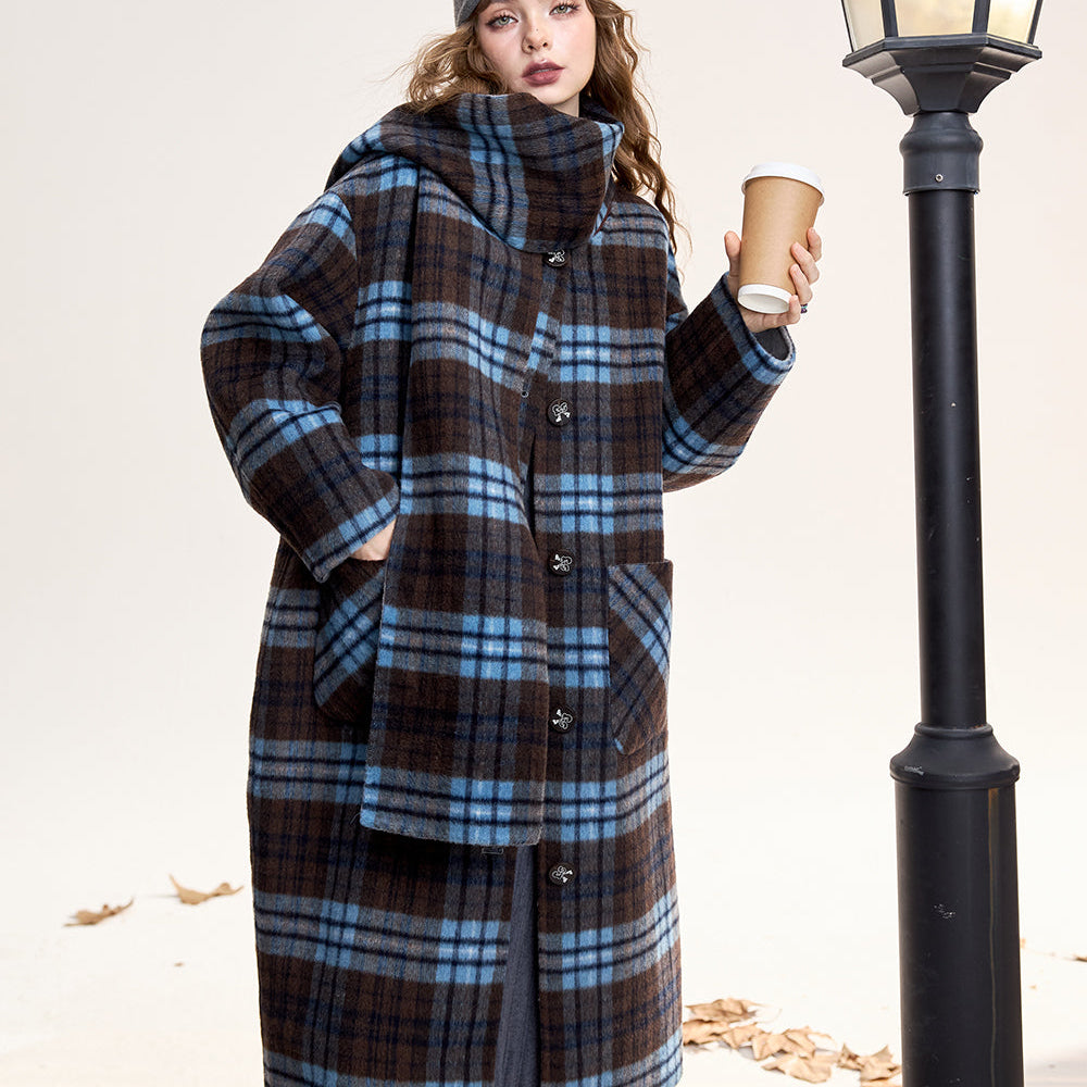 [Free scarf]ELFSACK 2024 Winter New Arrivals Retro plaid long woolen coat for women, double-faced woolen fabric