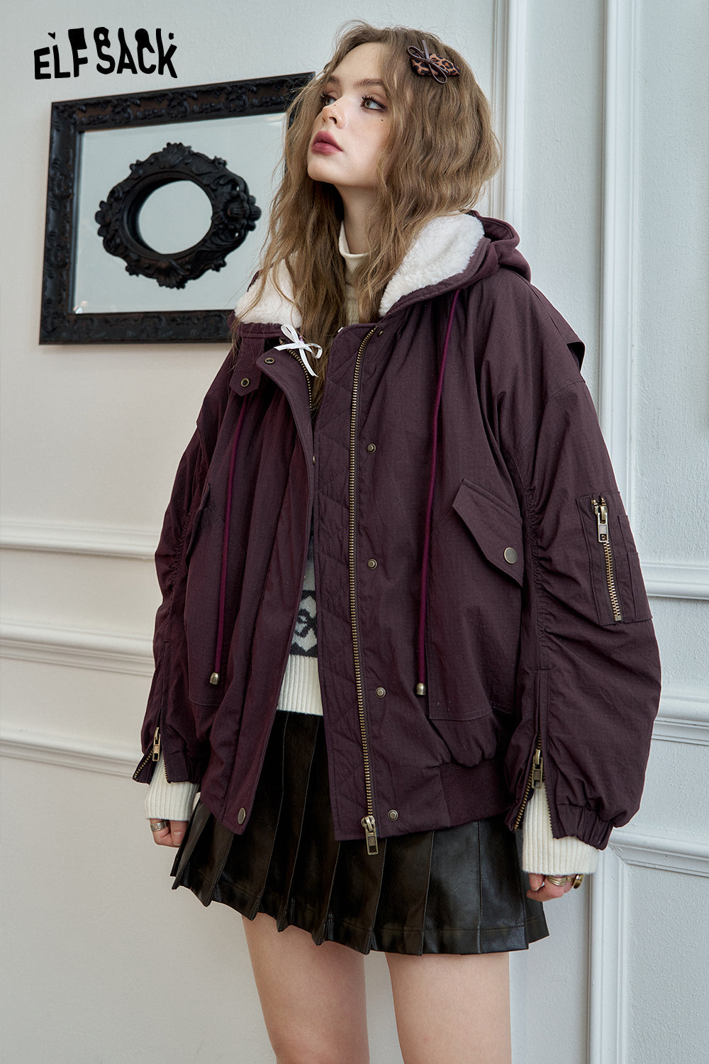 ELFSACK Retro purple with fine glitter fur lapel jacket