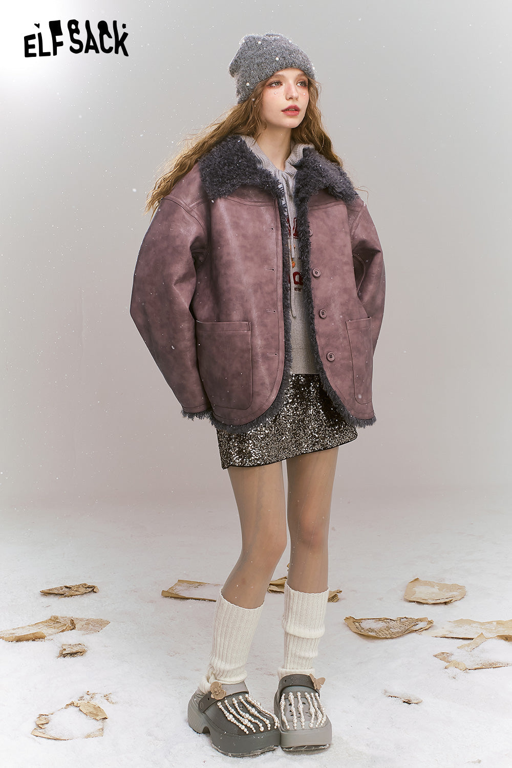 ELFSACK Retro gray pink contrasting color reversible imitation plush PU jacket, sweet and cool top with gray fur collar