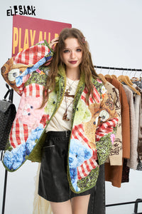 ELFSACK Women's cotton jacket with bear print, both front and back, green fluffy and cute jacket