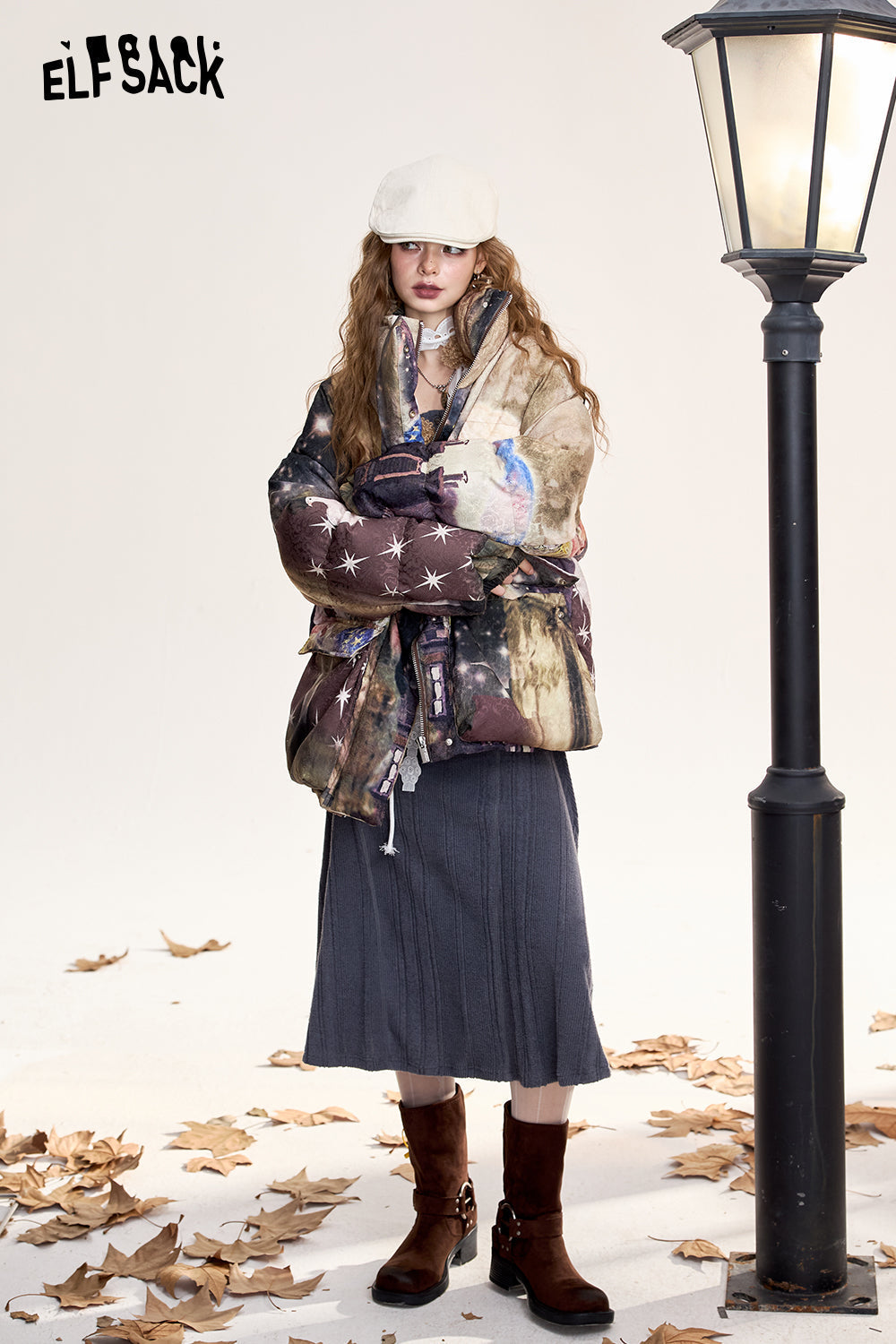 ELFSACK Fox print short loose stand collar down jacket