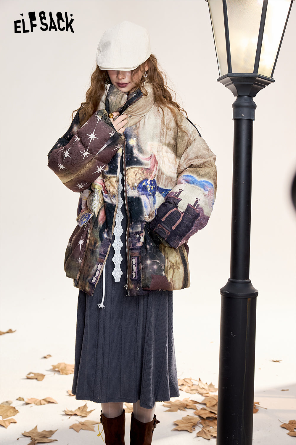 ELFSACK Fox print short loose stand collar down jacket