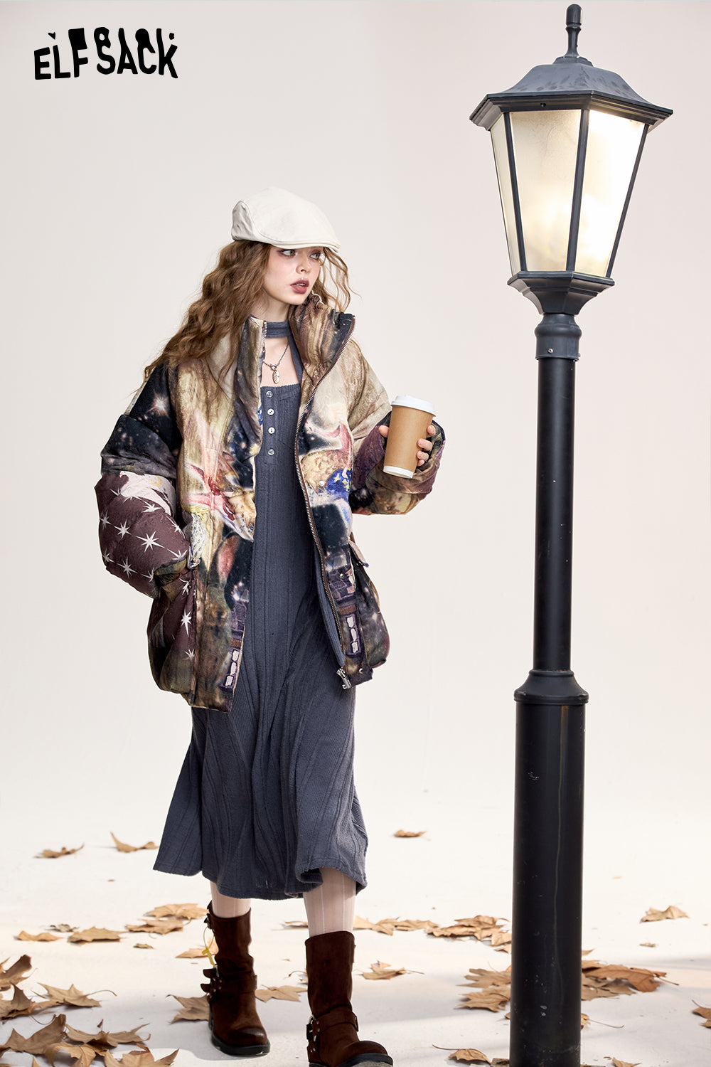 ELFSACK Fox print short loose stand collar down jacket