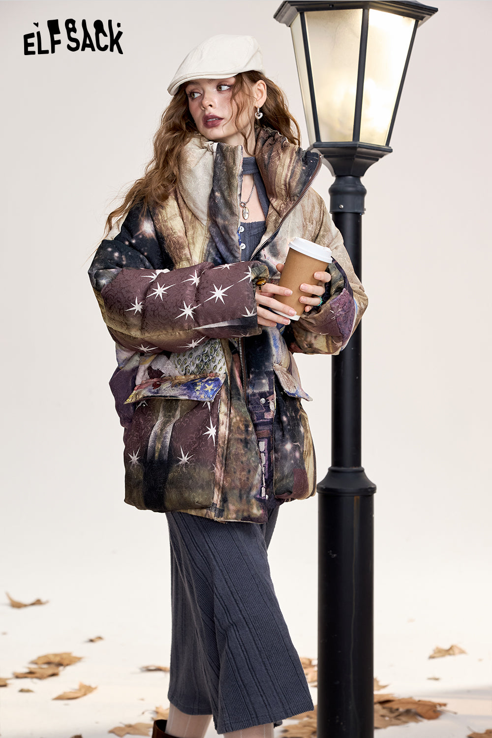 ELFSACK Fox print short loose stand collar down jacket