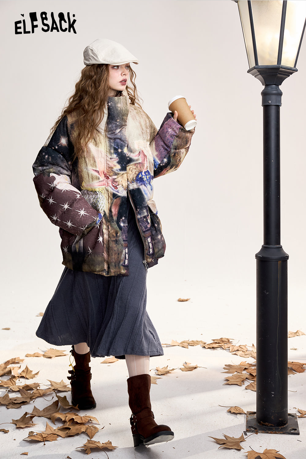 ELFSACK Fox print short loose stand collar down jacket