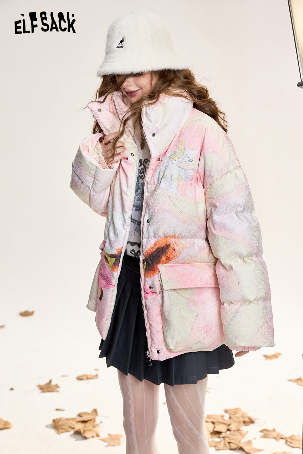 ELFSACK Fox print short loose stand collar down jacket
