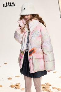 ELFSACK Fox print short loose stand collar down jacket