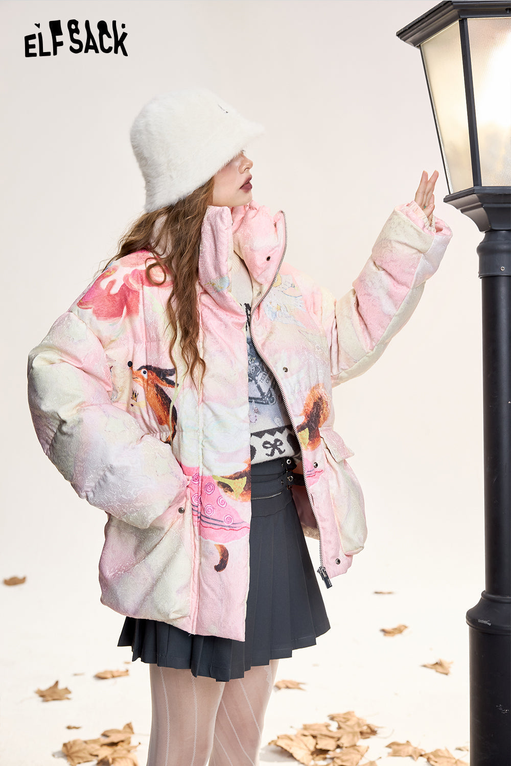ELFSACK Fox print short loose stand collar down jacket