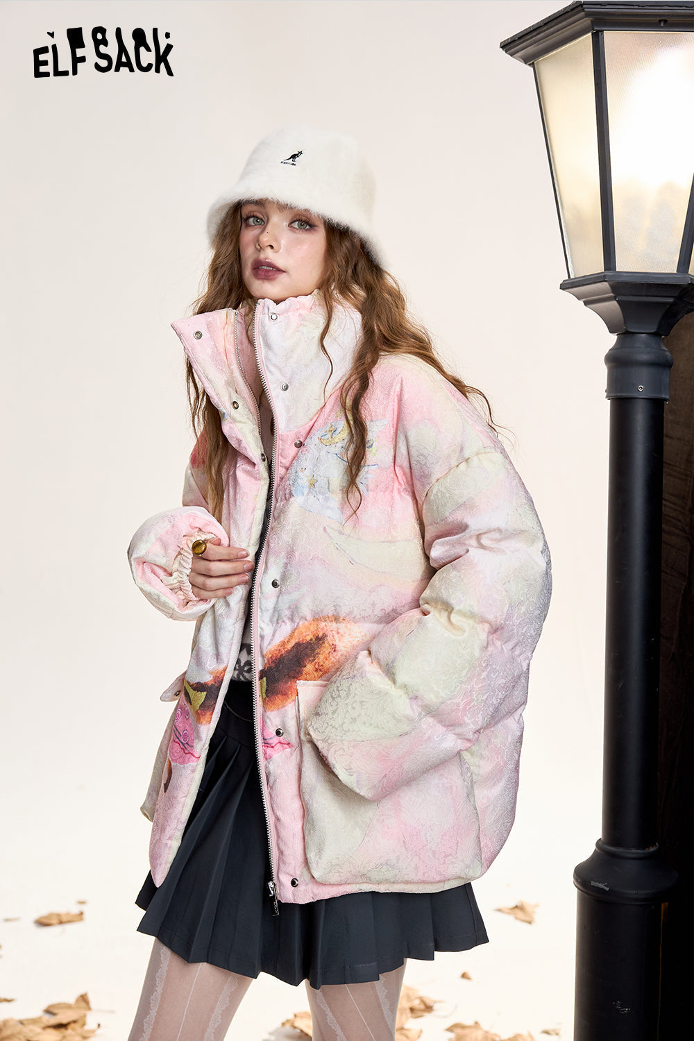 ELFSACK Fox print short loose stand collar down jacket