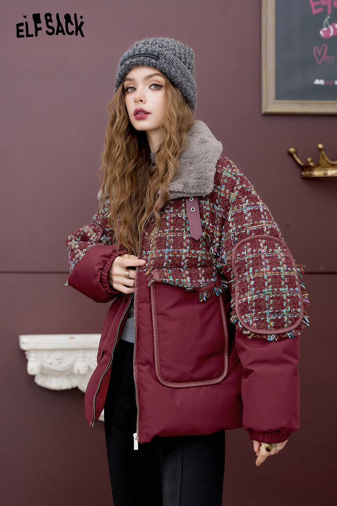 
                  
                    ELFSACK 2024 Winter New Arrivals Dark red contrast stitching down jacket for women
                  
                