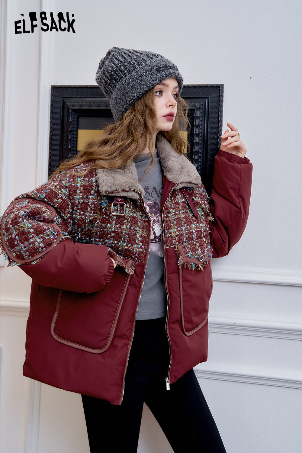 
                  
                    ELFSACK 2024 Winter New Arrivals Dark red contrast stitching down jacket for women
                  
                