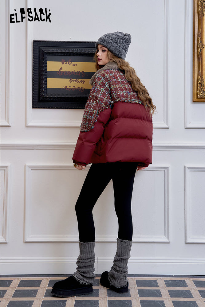 
                  
                    ELFSACK 2024 Winter New Arrivals Dark red contrast stitching down jacket for women
                  
                