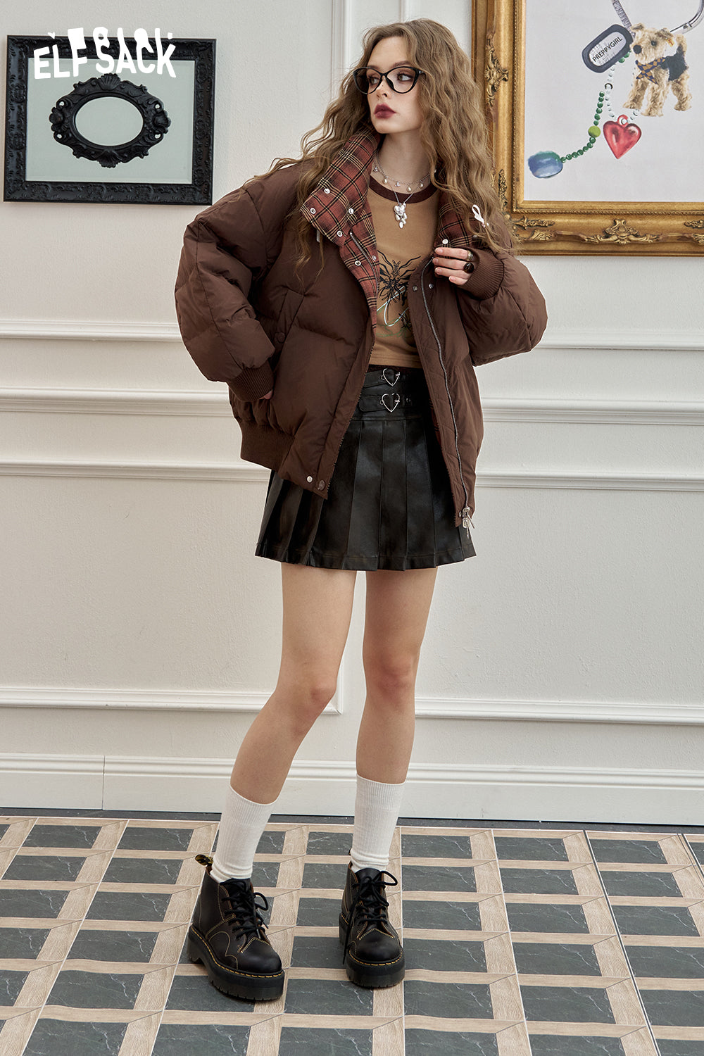 ELFSACK Retro reversible red plaid short down jacket