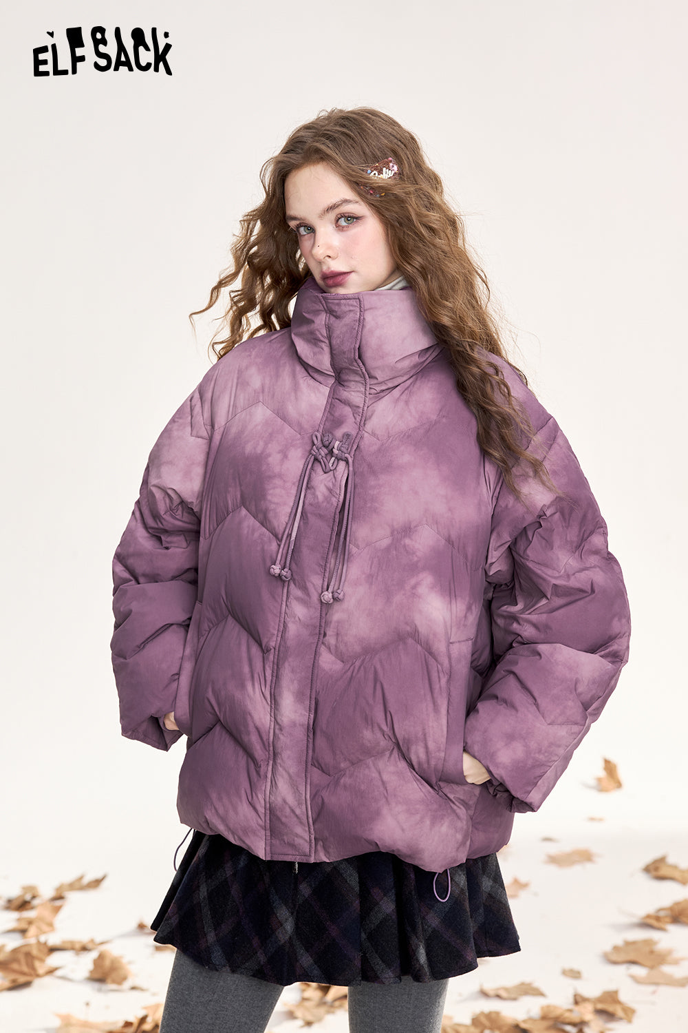 ELFSACK Retro gradient purple frog design short down jacket