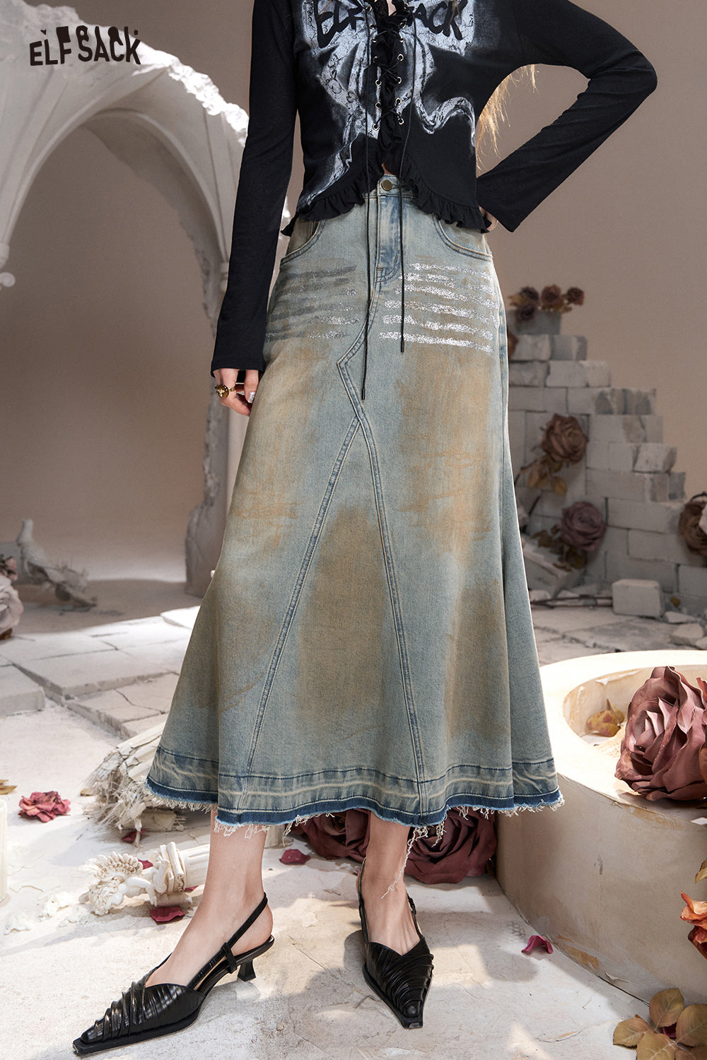 ELFSACK American style silver brushed wasteland old style pocket fishtail denim skirt