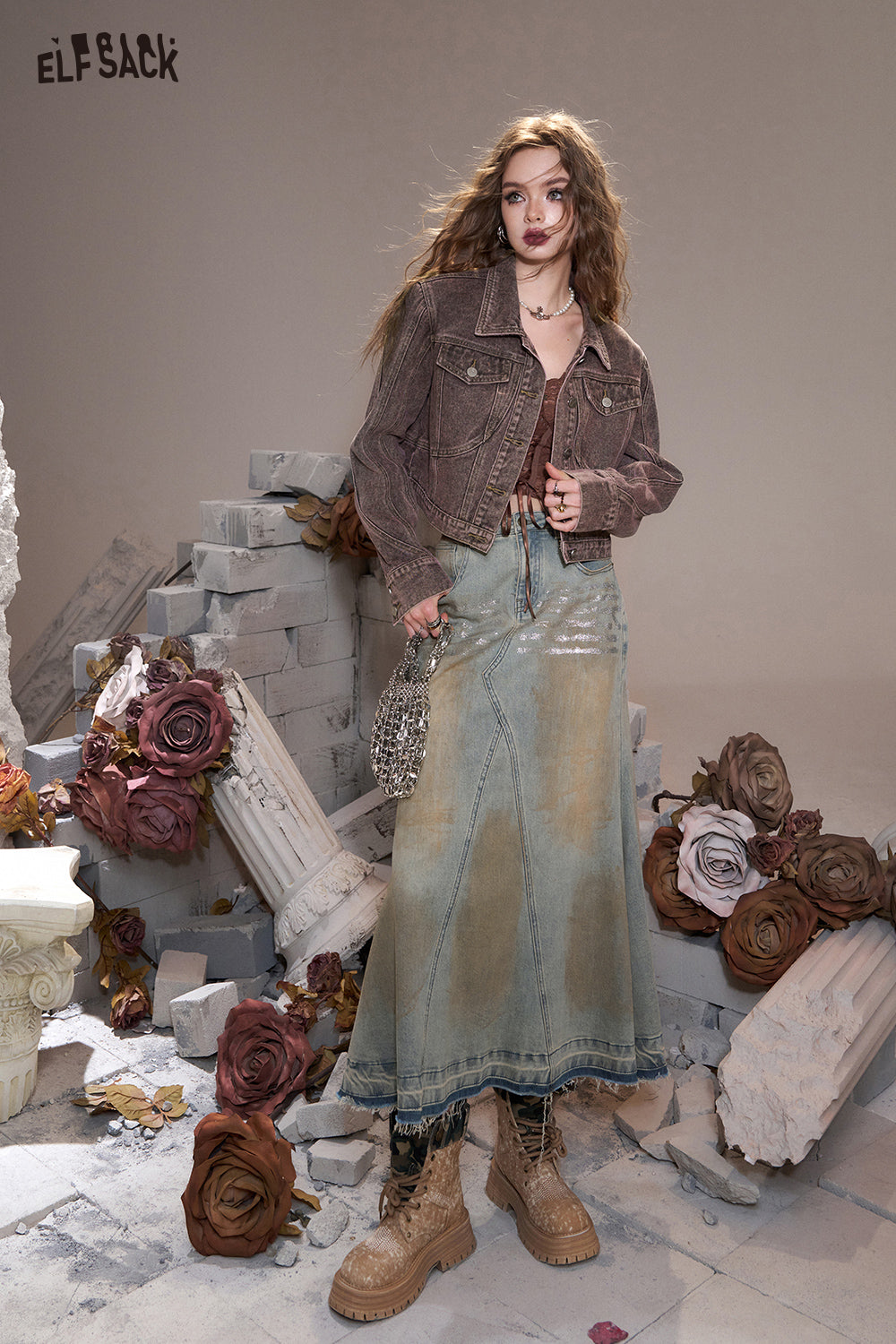 ELFSACK American style silver brushed wasteland old style pocket fishtail denim skirt