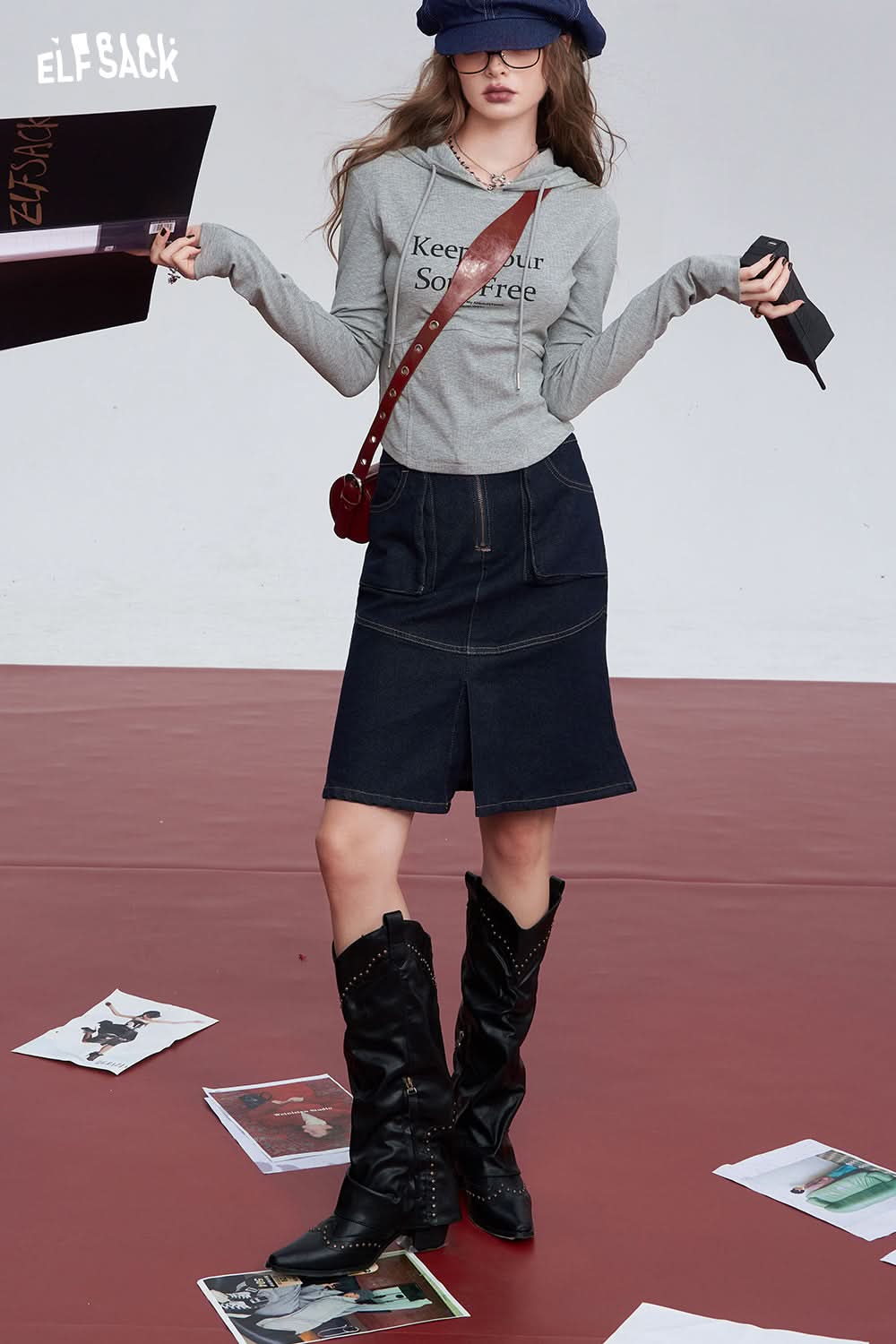 ELFSACK Retro denim blue pocket casual fishtail skirt hip skirt