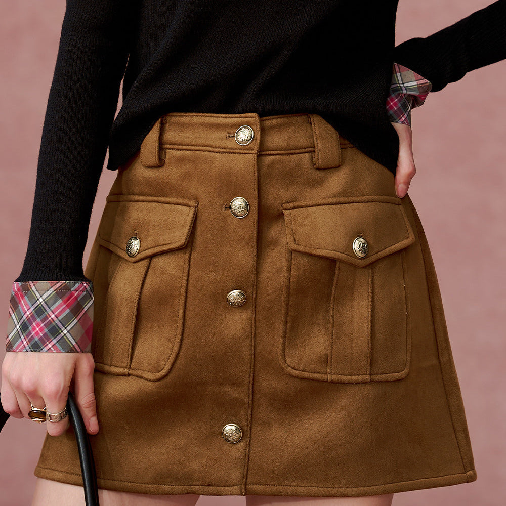 ELFSACK 2024 Autumn New Arrivals Retro Maillard brown suede skirt for women