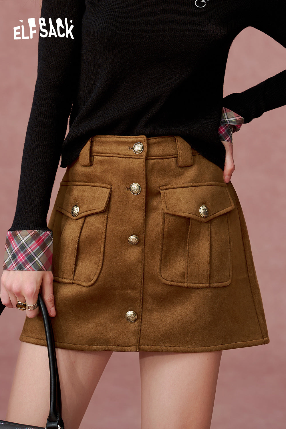 ELFSACK 2024 Autumn New Arrivals Retro Maillard brown suede skirt for women