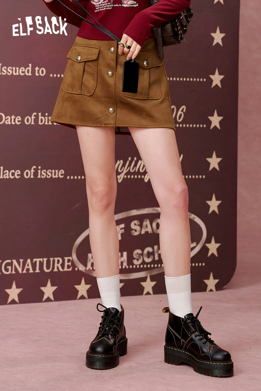 ELFSACK Retro Maillard brown suede skirt