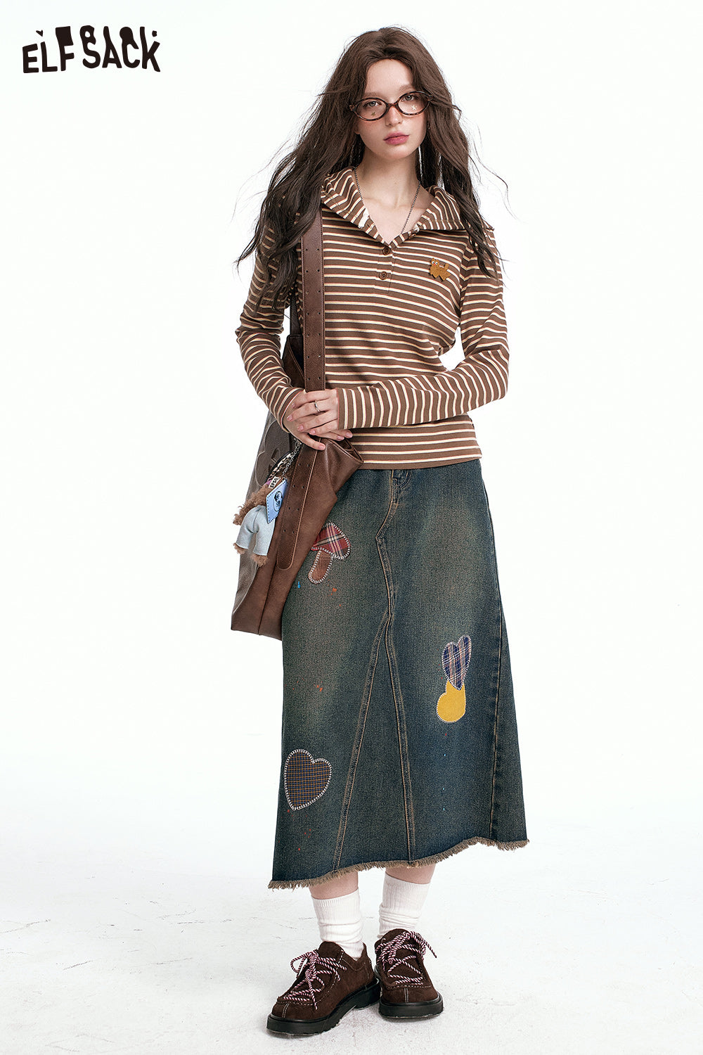 ELFSACK Heart Frayed American Denim Skirt Splash Ink Design Long Skirt