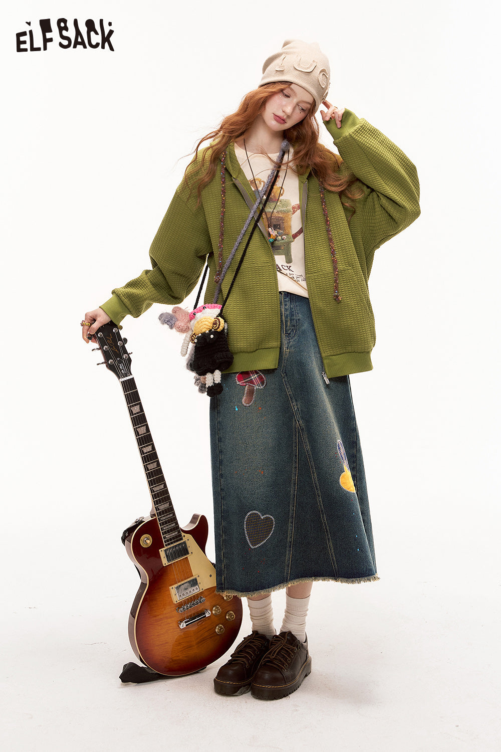 ELFSACK Heart Frayed American Denim Skirt Splash Ink Design Long Skirt