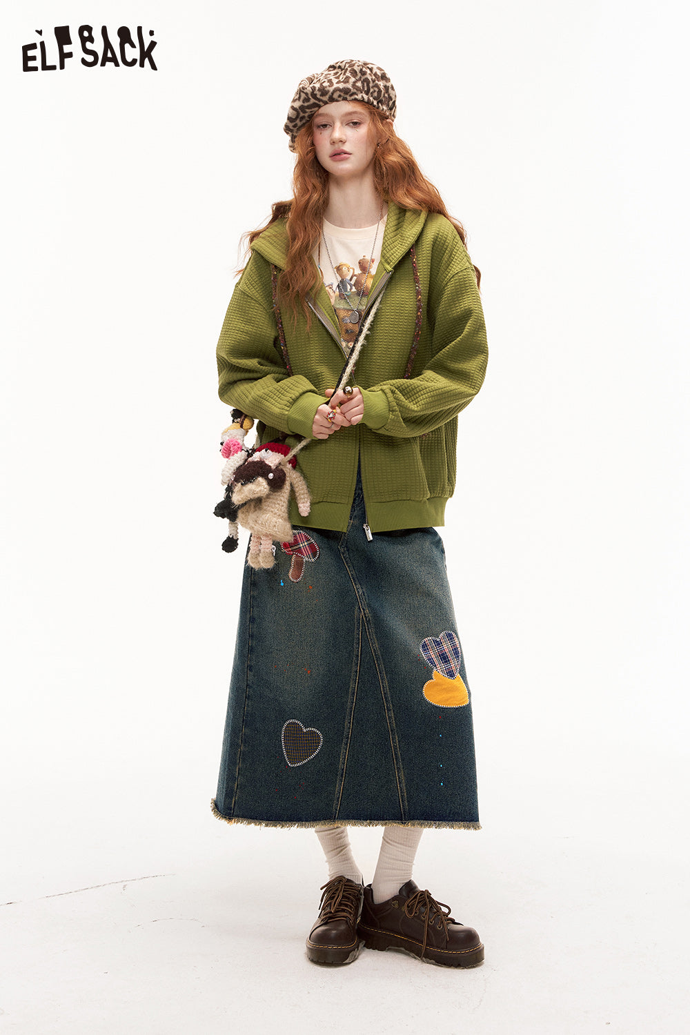 ELFSACK Heart Frayed American Denim Skirt Splash Ink Design Long Skirt